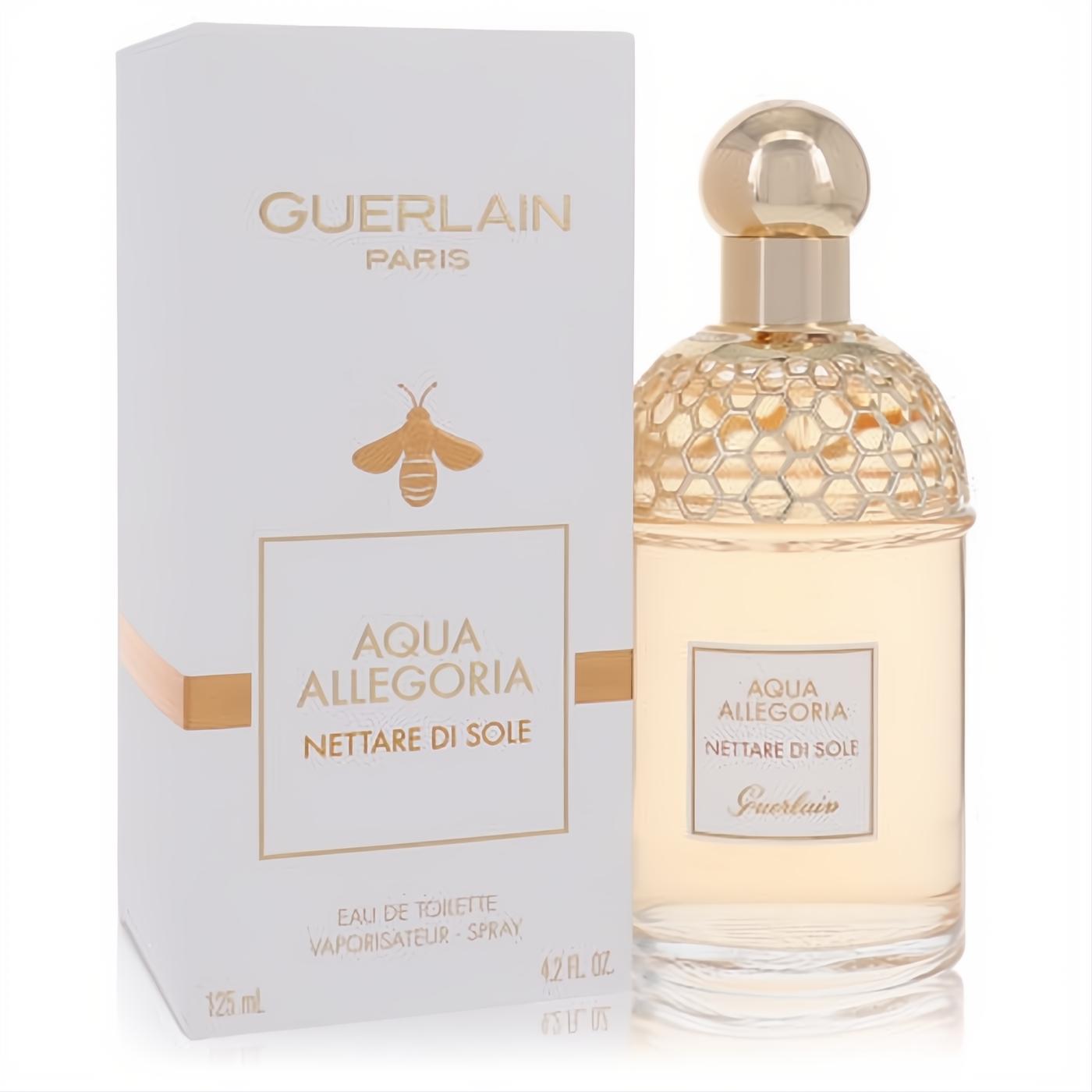 Guerlain Aqua Allegoria Nettare Di Sole 4.2 oz EDT. Elegant clear bottle, golden honeycomb neck and cap, with white box & gold bee.