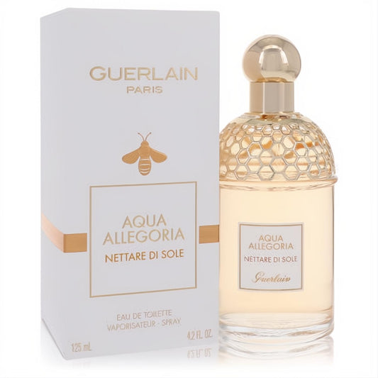 Guerlain Aqua Allegoria Nettare Di Sole 4.2 oz EDT. Elegant clear bottle, golden honeycomb neck and cap, with white box & gold bee.