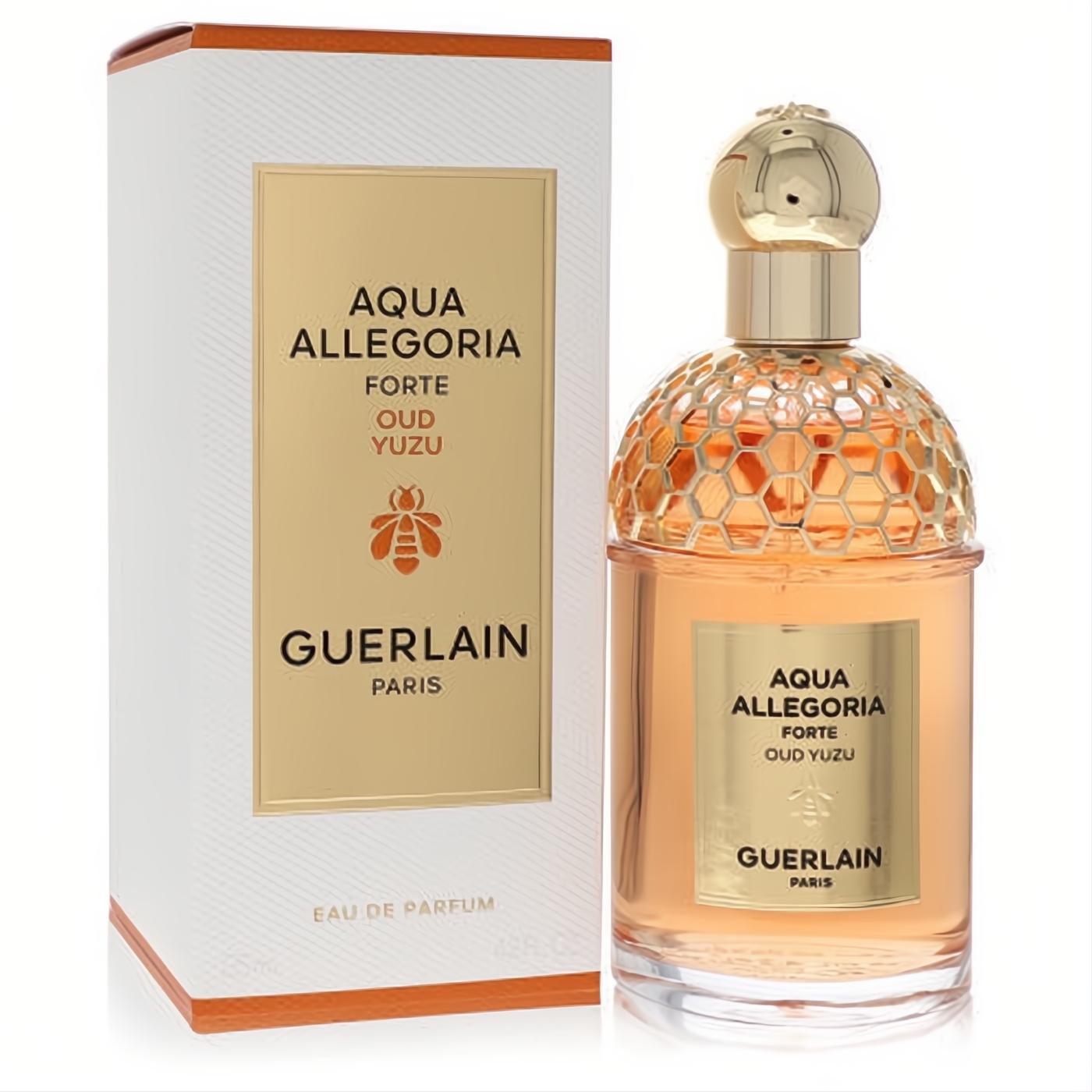 Luxurious Guerlain Aqua Allegoria Oud Yuzu 4.2 oz Eau De Parfum in a stunning gold honeycomb bottle with white box.