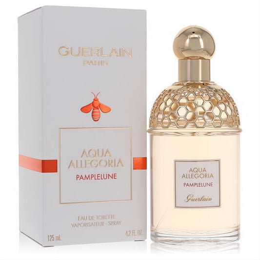 Guerlain Aqua Allegoria Pamplelune 4.2 oz EDT spray. Clear glass bottle with unique gold honeycomb cap and elegant white box.
