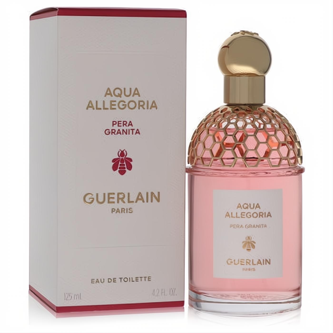 Guerlain Aqua Allegoria Pera Granita 4.2 oz EDT. Pink perfume in an elegant bottle with gold honeycomb cap.