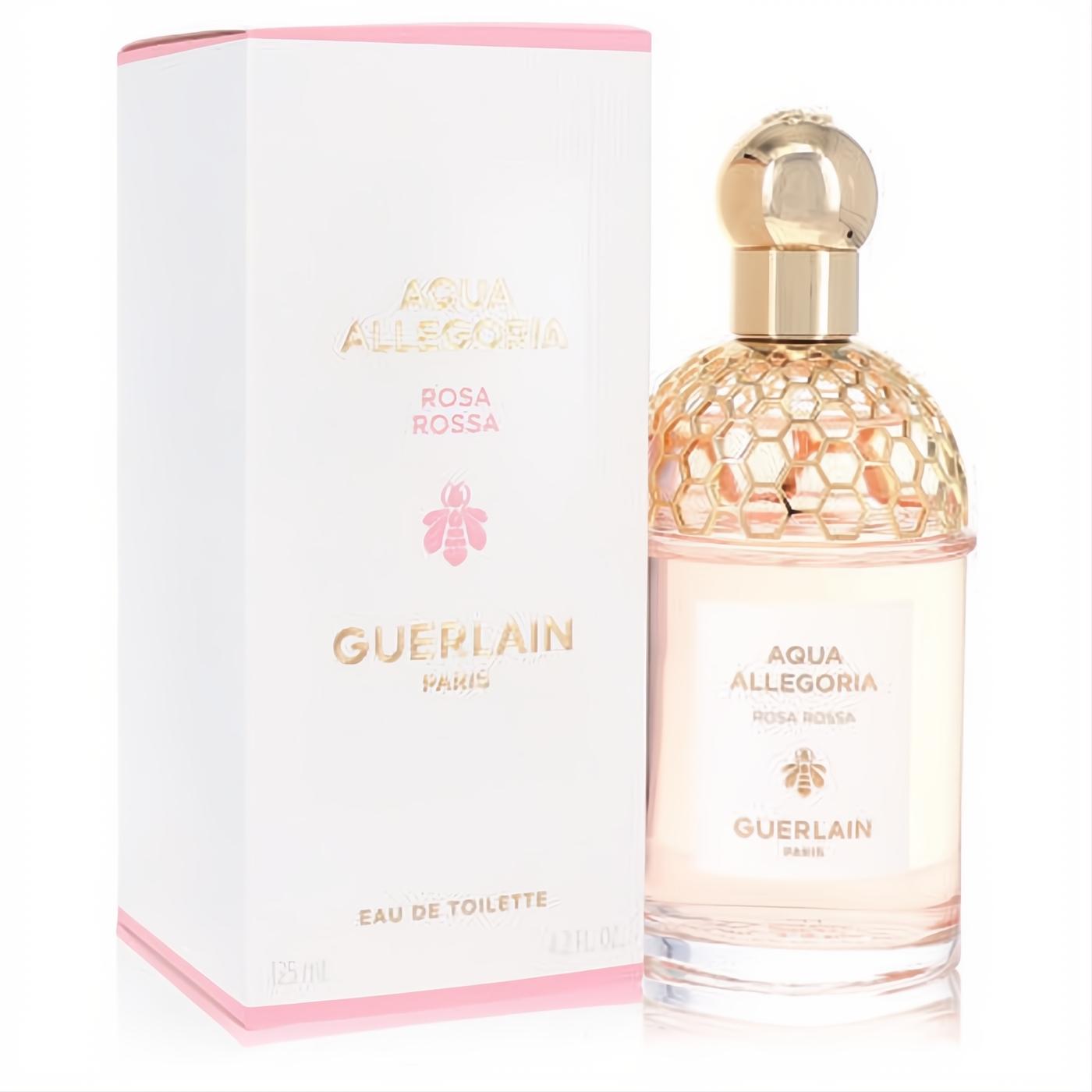 Guerlain Aqua Allegoria Rosa Rossa 4.2 oz EDT. Elegant clear bottle, delicate pink fragrance, iconic gold honeycomb cap.