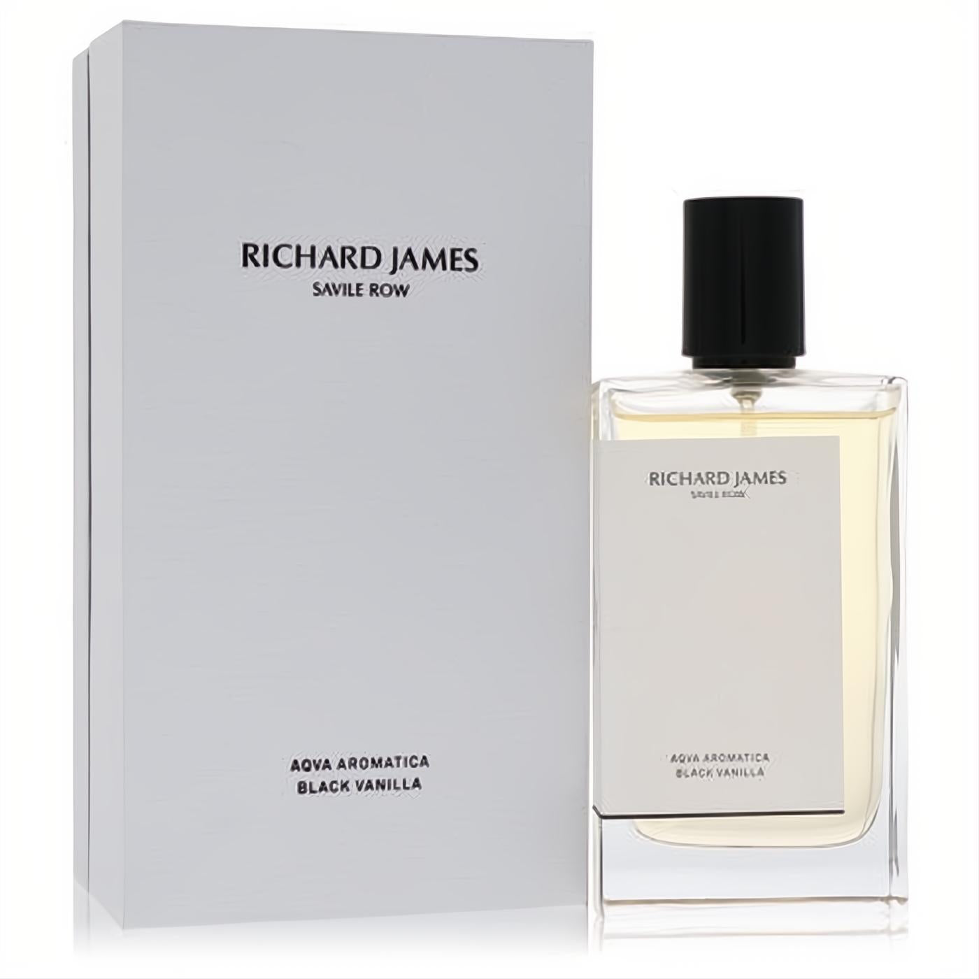 Richard James Aqua Aromatica Black Vanilla 3.5 oz men's cologne. Sleek clear glass bottle with black cap and elegant white packaging.