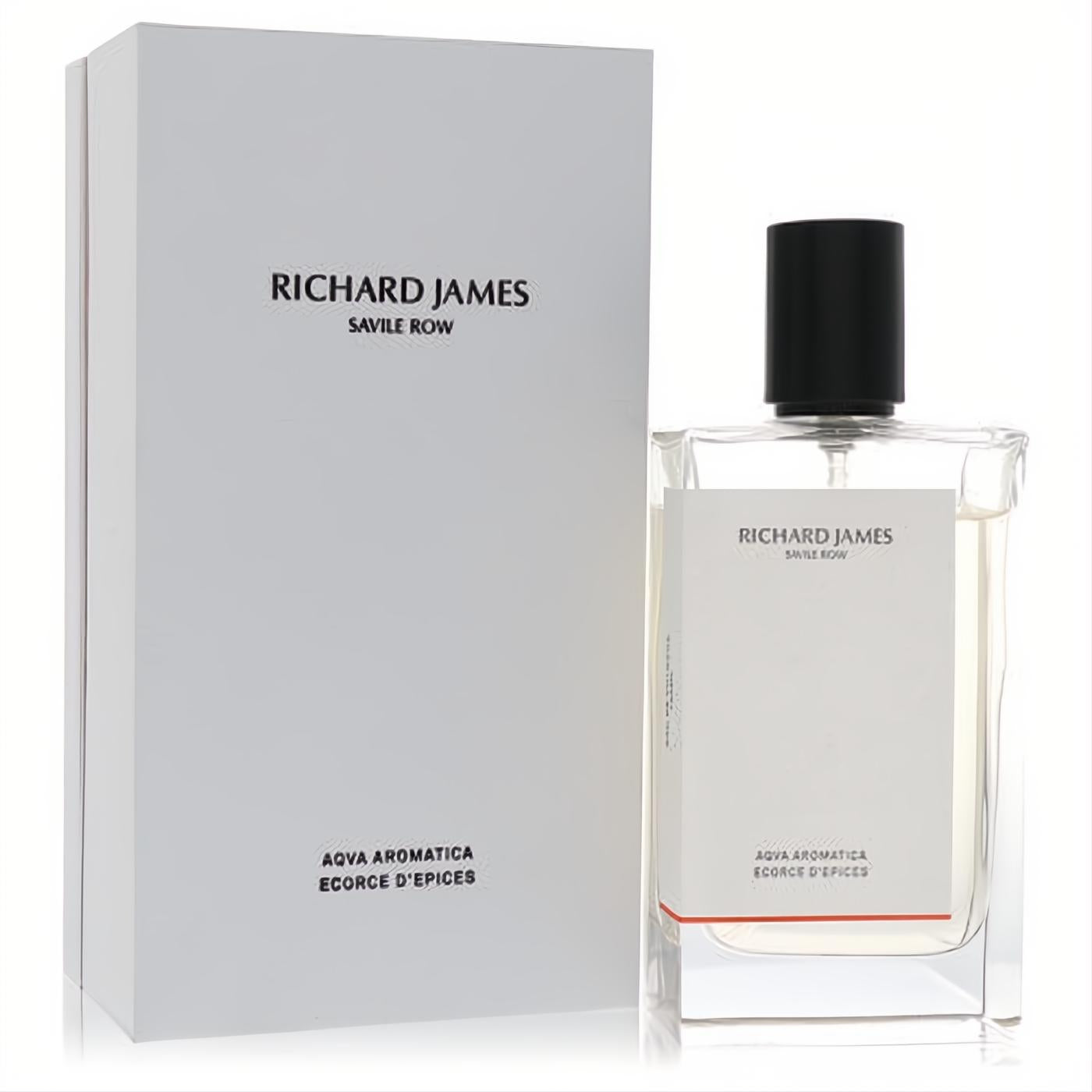 Richard James Aqua Aromatica Ecorce D'epices 3.5 oz cologne. Elegant clear bottle, black cap, white box with orange detail.