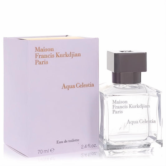 Maison Francis Kurkdjian Aqua Celestia 2.4 oz EDT in a sleek clear glass bottle with silver cap and elegant pale lavender box.