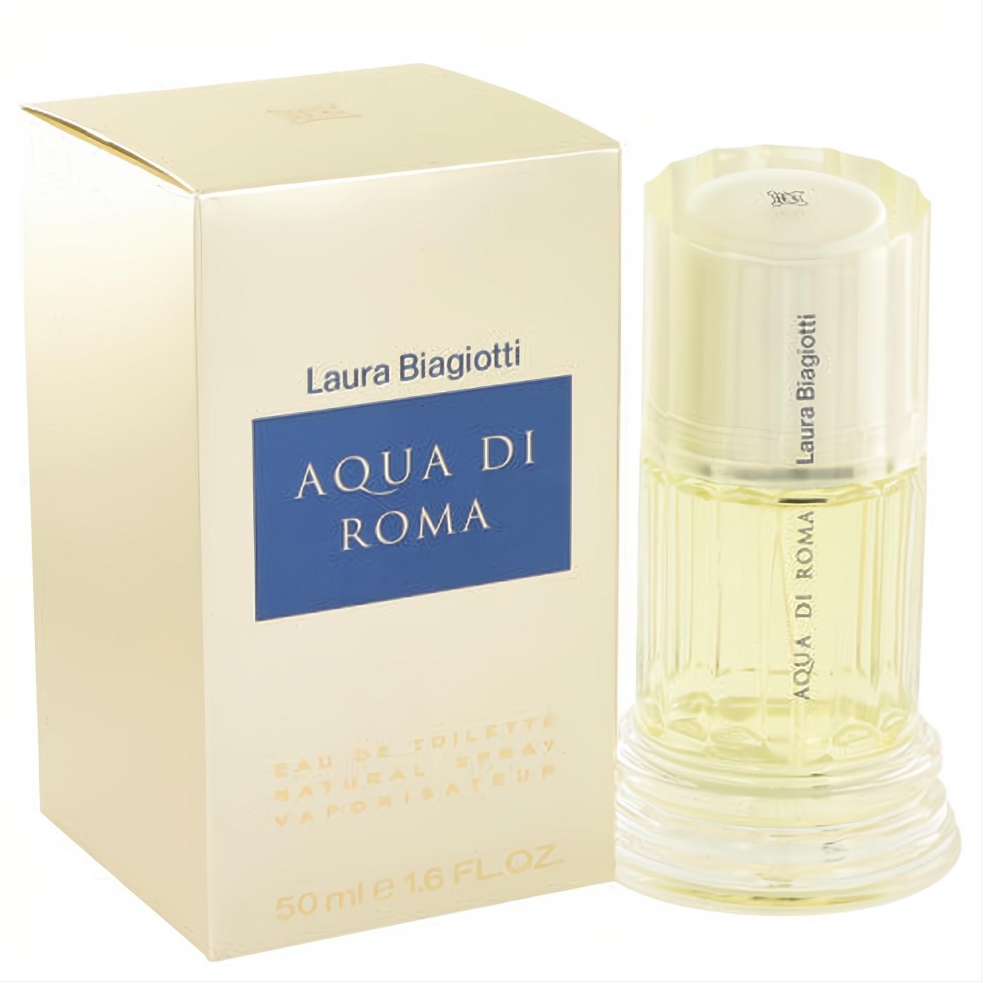 Laura Biagiotti Aqua Di Roma 1.6 oz EDT spray. Elegant fluted glass bottle with golden liquid and a radiant cream box featuring a blue label.