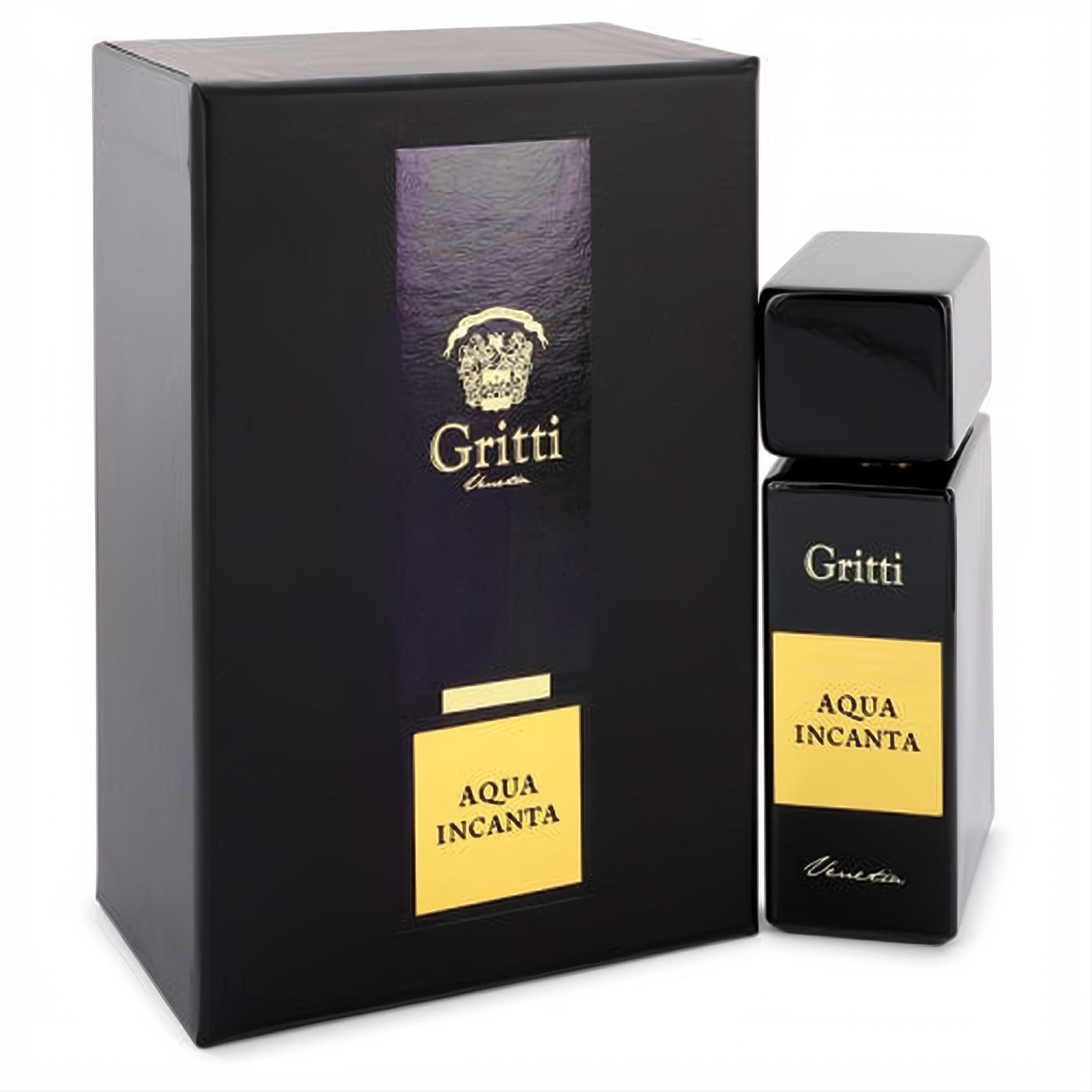 Experience Gritti Aqua Incanta: a sleek black glass perfume bottle with a bold gold label and matching elegant box.
