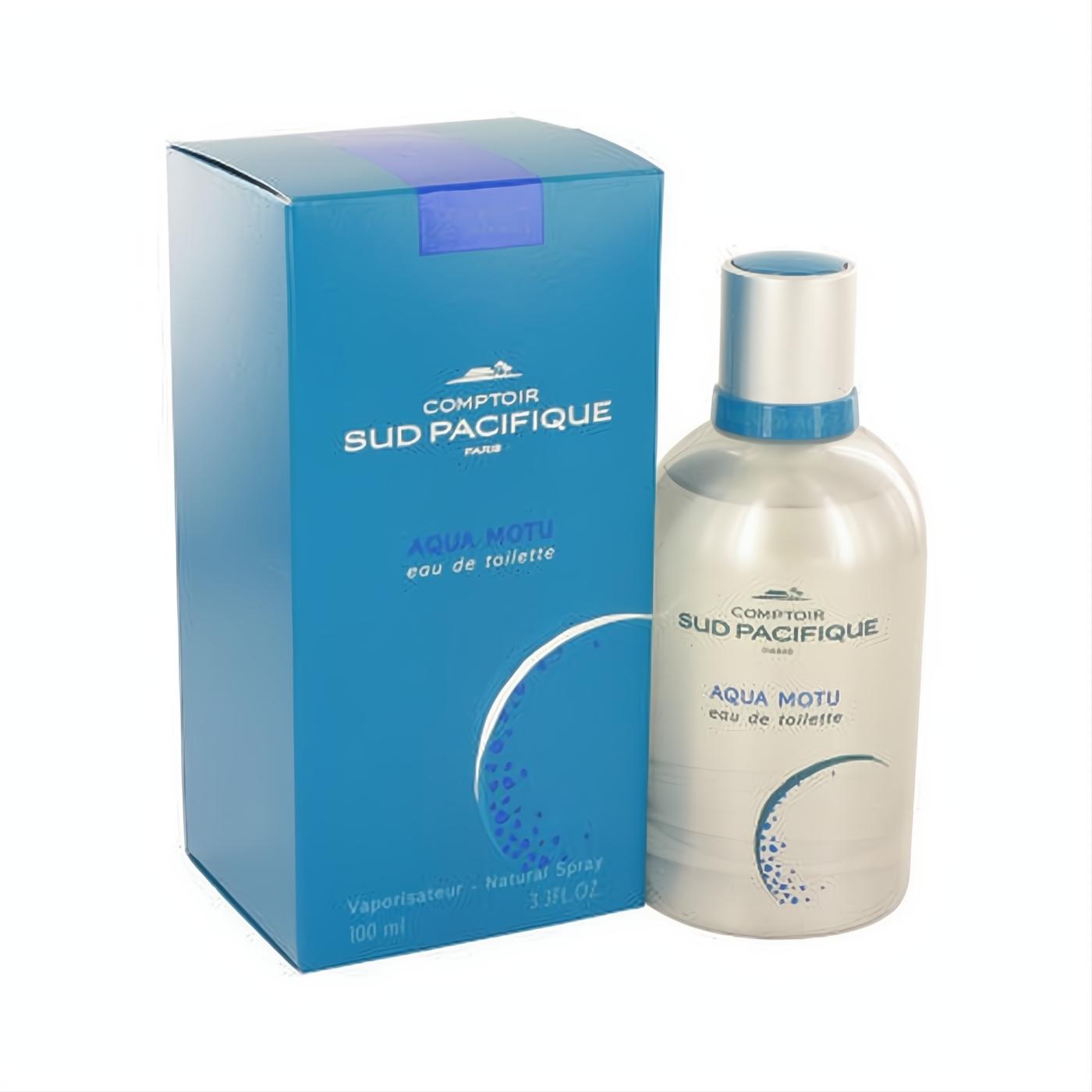 Comptoir Sud Pacifique Aqua Motu 3.4 oz EDT. Clear bottle with silver cap, vibrant blue box featuring an aquatic wave design.
