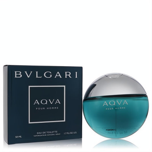 Bvlgari Aqva Pour Homme 1.7 oz EDT. Captivating round teal bottle with silver cap, presented with its sleek dark blue box.