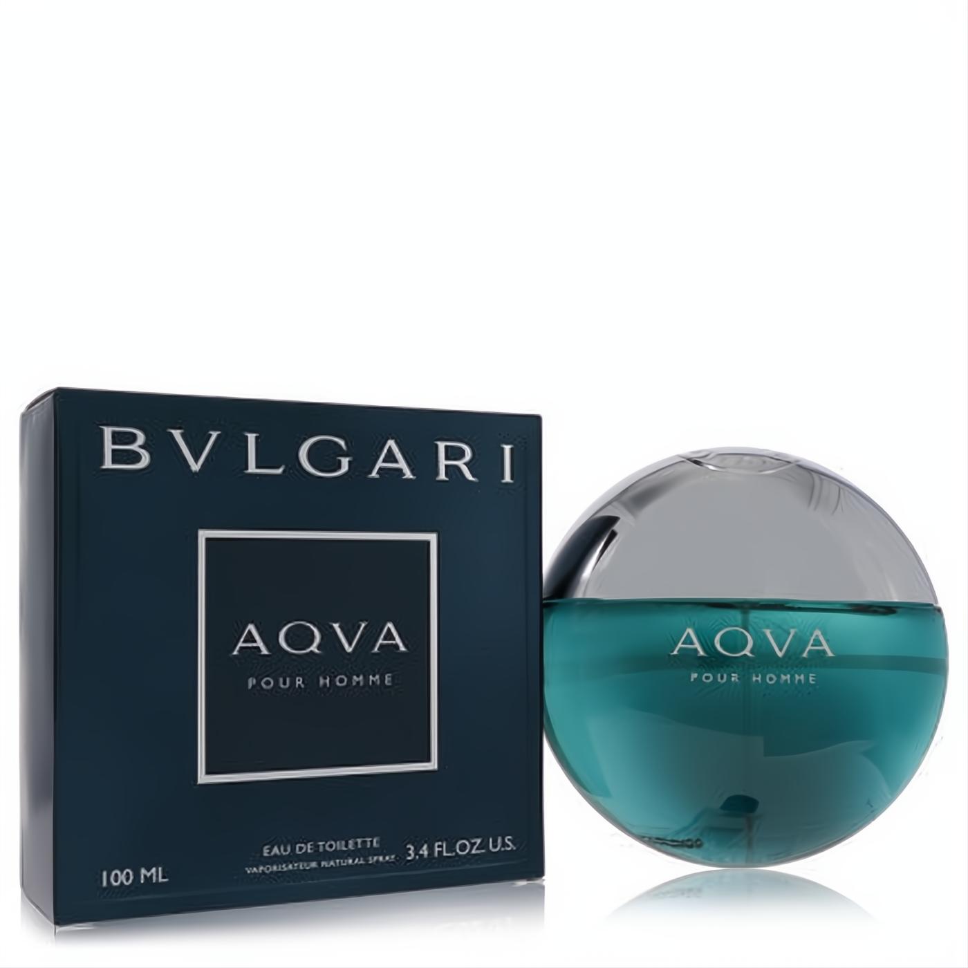 Bvlgari Aqva Pour Homme 3.3 oz EDT. Iconic round teal bottle with sleek silver cap, next to its elegant dark blue box.