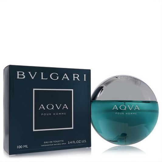 Bvlgari Aqva Pour Homme 3.3 oz EDT. Iconic round teal bottle with sleek silver cap, next to its elegant dark blue box.