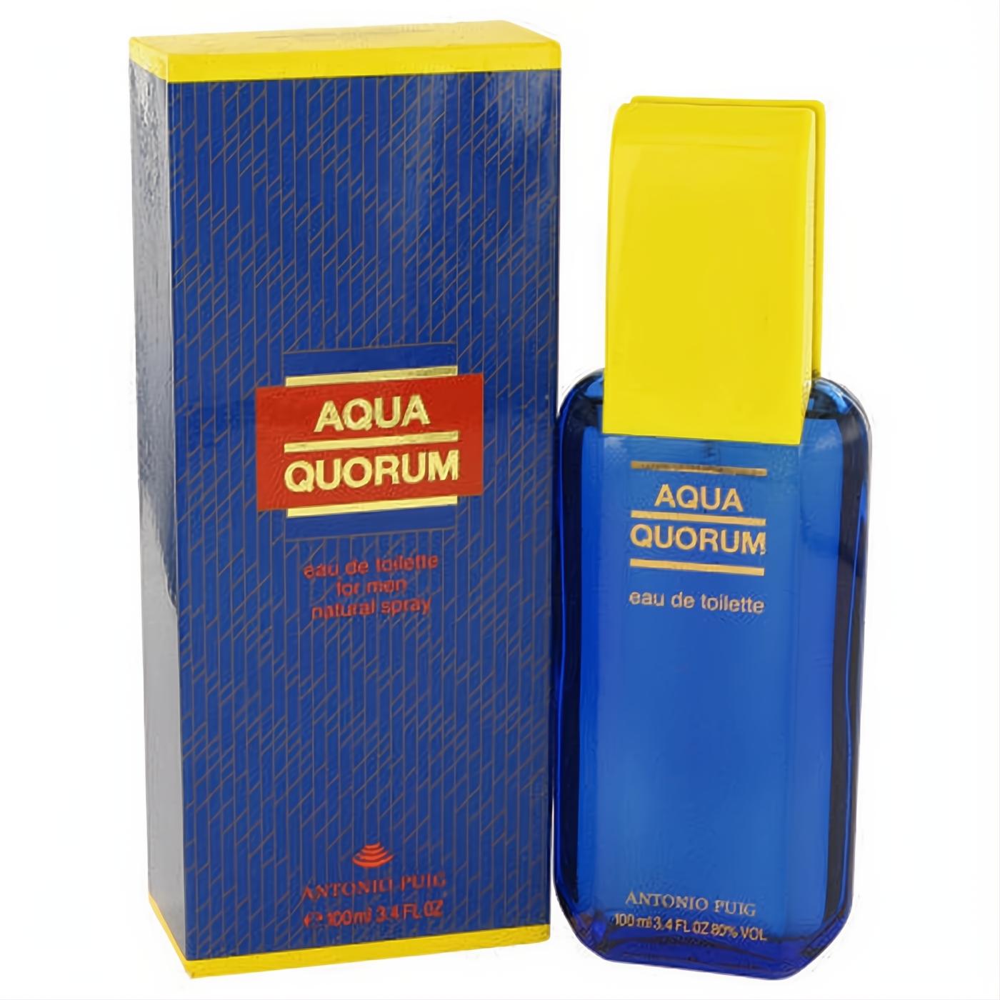 Aqua Quorum by Antonio Puig 3.4 oz EDT. Striking blue glass bottle, yellow cap, and matching patterned box.