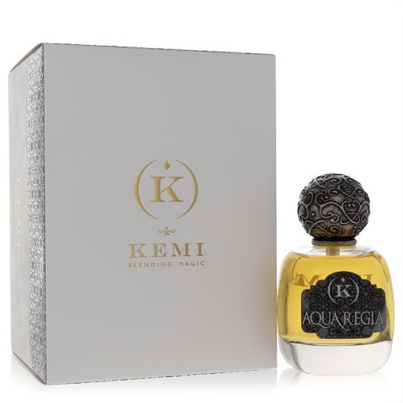 Experience Aqua Regia by Kemi Blending Magic. Luxurious unisex EDP bottle with ornate dark cap, golden liquid, and elegant white box.