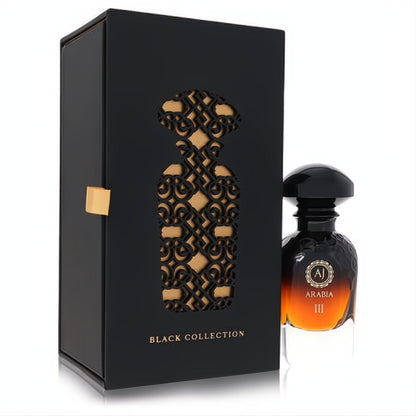 Captivating Widian Arabia Black III unisex perfume bottle, black-to-amber, with a luxurious black and gold ornate cutout gift box.