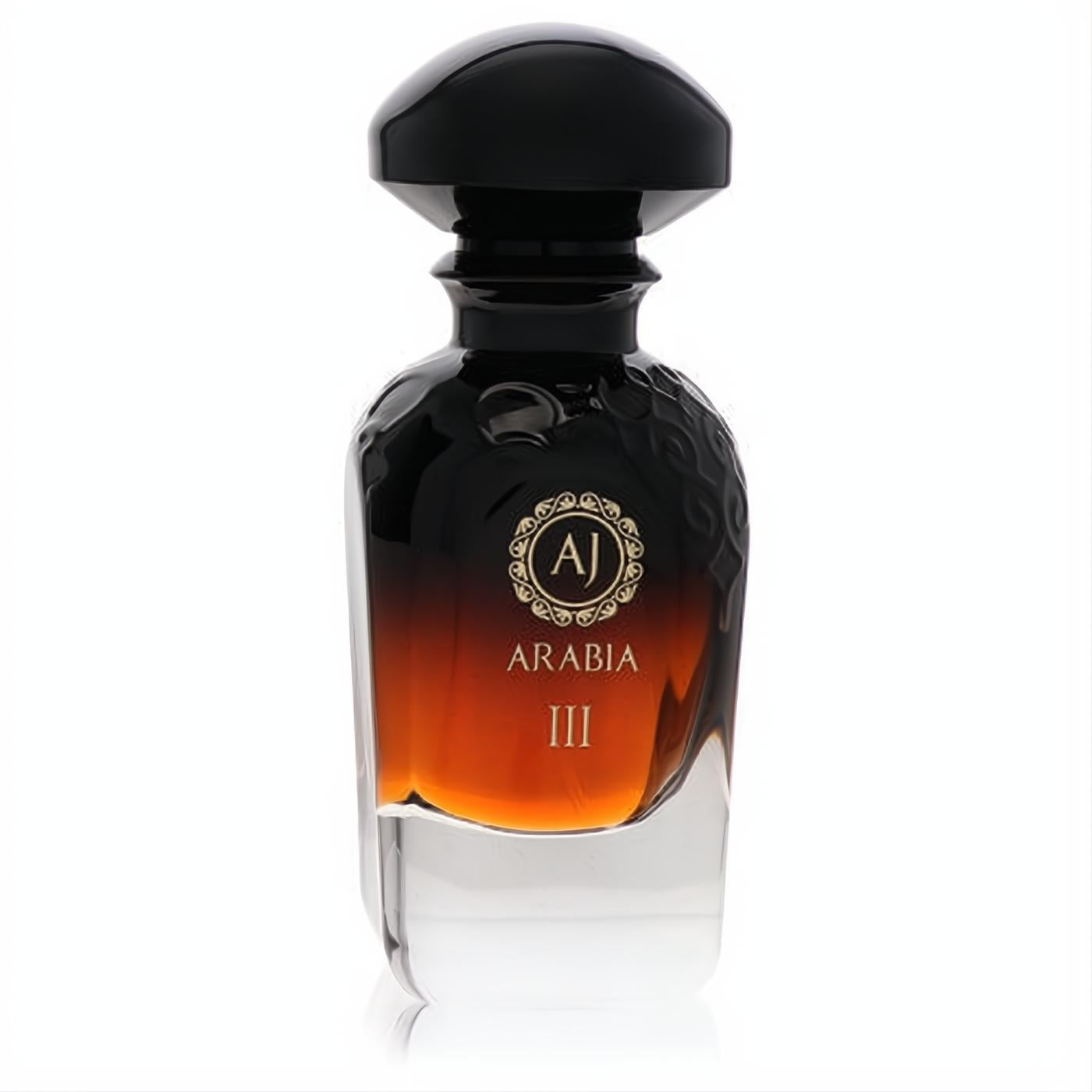 Widian Arabia Black III 1.67 oz unisex extrait de parfum in a luxurious gradient amber-black bottle with textured design and gold AJ logo.