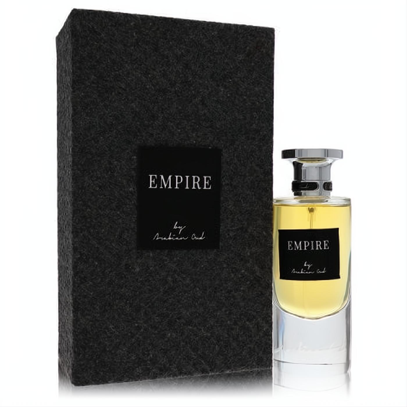 Luxurious Arabian Oud Empire unisex EDP. Clear bottle with golden liquid, sleek silver cap, and a dark textured gift box.