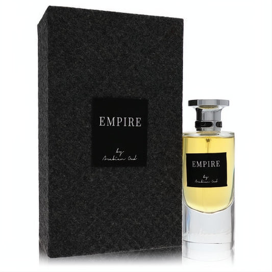 Luxurious Arabian Oud Empire unisex EDP. Clear bottle with golden liquid, sleek silver cap, and a dark textured gift box.