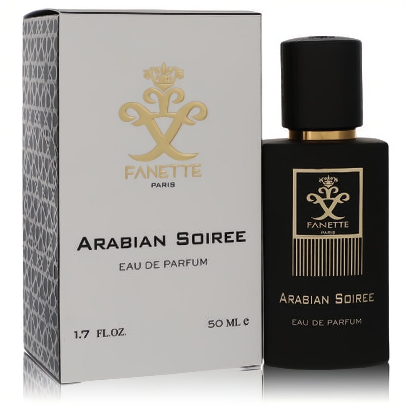 Luxurious Fanette Arabian Soiree 1.7 oz unisex EDP in a matte black bottle with striking gold accents and white box.