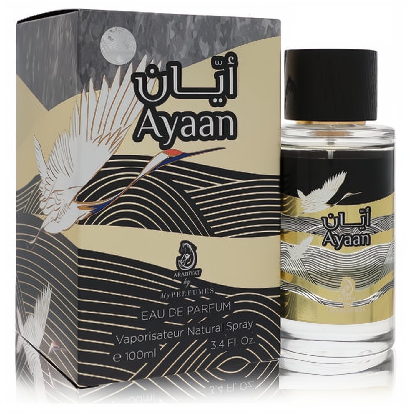 Luxurious Arabiyat Ayaan 3.4 oz unisex Eau De Parfum. Sleek glass bottle and elegant black & gold box with a striking white crane design.