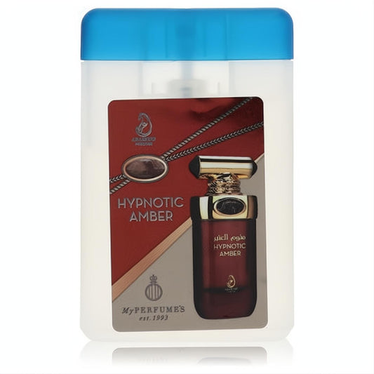 Arabiyat Hypnotic Amber 0.6 oz mini EDP tester. Frosted bottle, vibrant blue cap, and rich red label. Ideal for travel.
