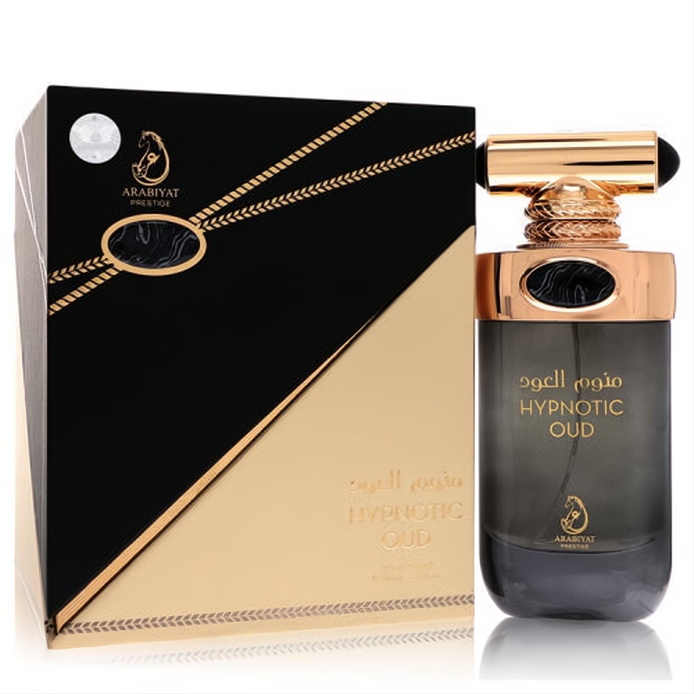 Captivating Arabiyat Hypnotic Oud 3.4 oz unisex EDP. Sleek dark gray bottle, elegant gold cap, and luxurious black & gold box.