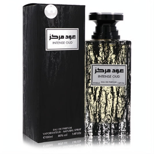 Captivating Arabiyat Intense Oud 3.4 oz unisex EDP with a unique black & gold textured bottle and elegant matching box.