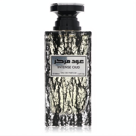 Bold Intense Oud unisex fragrance, 3.4 oz, in a luxurious black and silver textured glass bottle with a sleek black cap.