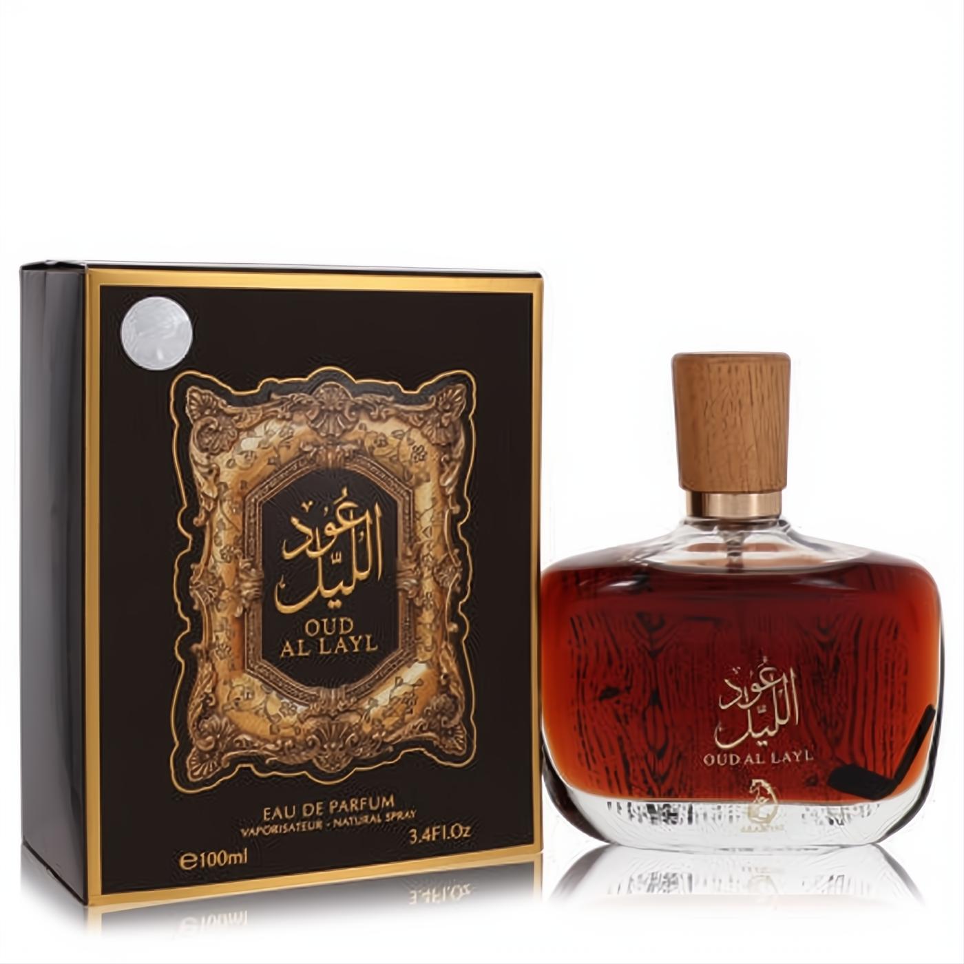 Arabiyat Oud Al Layl 3.4 oz unisex EDP in a rich amber glass bottle with a wooden cap, next to its ornate gold-trimmed black box.