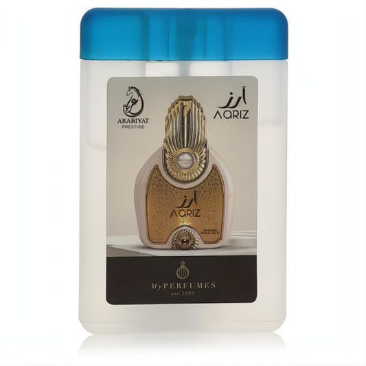 Translucent white Arabiyat Prestige Aariz mini EDP package with blue cap, featuring ornate gold and cream bottle design.