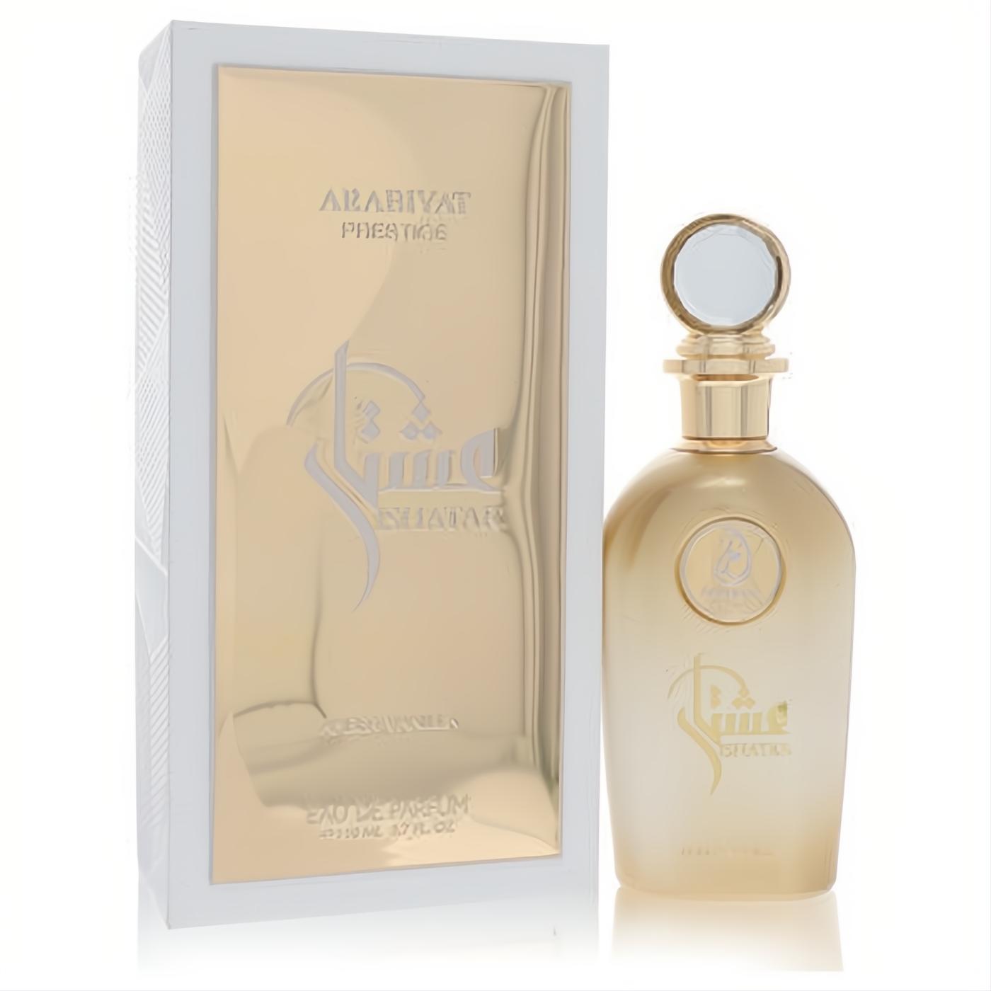Discover Arabiyat Prestige Amber Vanilla 3.7 oz unisex EDP. Elegant gold bottle with crystal cap and luxurious white/gold box.