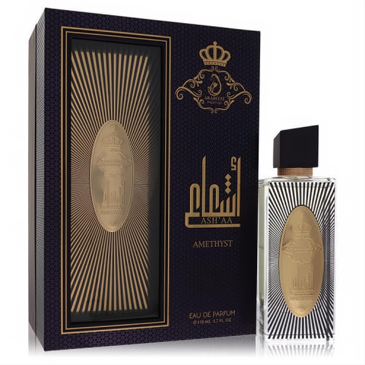 Arabiyat Prestige Ash'aa Amethyst 3.7 oz Eau De Parfum. Luxurious dark purple and gold art deco bottle and box.
