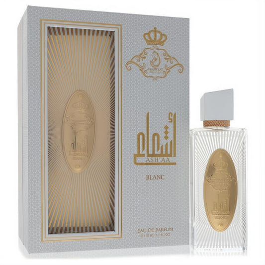 Elegant Arabiyat Prestige Ash'aa Blanc 3.7 oz unisex EDP. Clear bottle, white cap, radiant gold emblem, and luxurious white box.