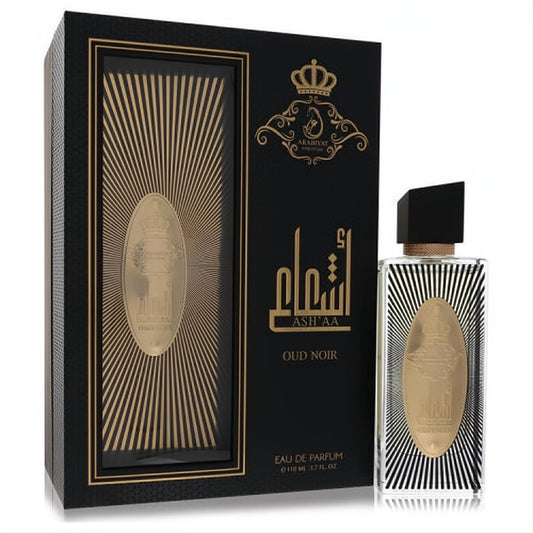 Arabiyat Prestige Ash'aa Oud Noir 3.7 oz EDP. Black and gold luxury fragrance with a striking striped bottle and elegant box.