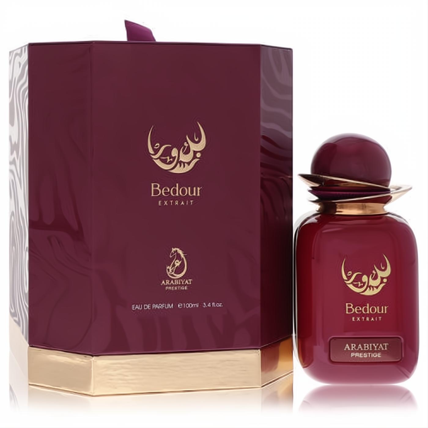 Arabiyat Prestige Bedour Extrait unisex EDP, 3.4 oz. Elegant burgundy bottle with gold script, spherical cap, and matching hexagonal box.