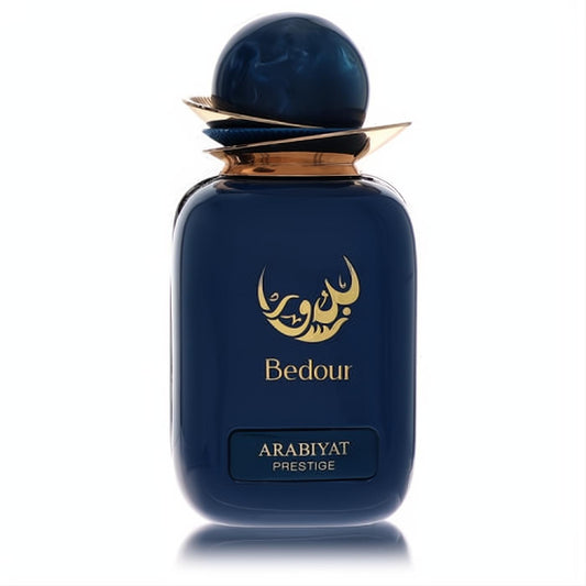 Exquisite Arabiyat Prestige Bedour Eau De Parfum. Deep navy bottle, elegant gold calligraphy, and unique marbled cap.