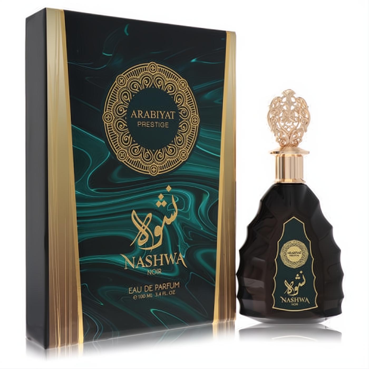 Arabiyat Prestige Nashwa Noir 3.4 oz unisex EDP in a unique dark bottle with an ornate gold cap, beside its striking teal and gold box.