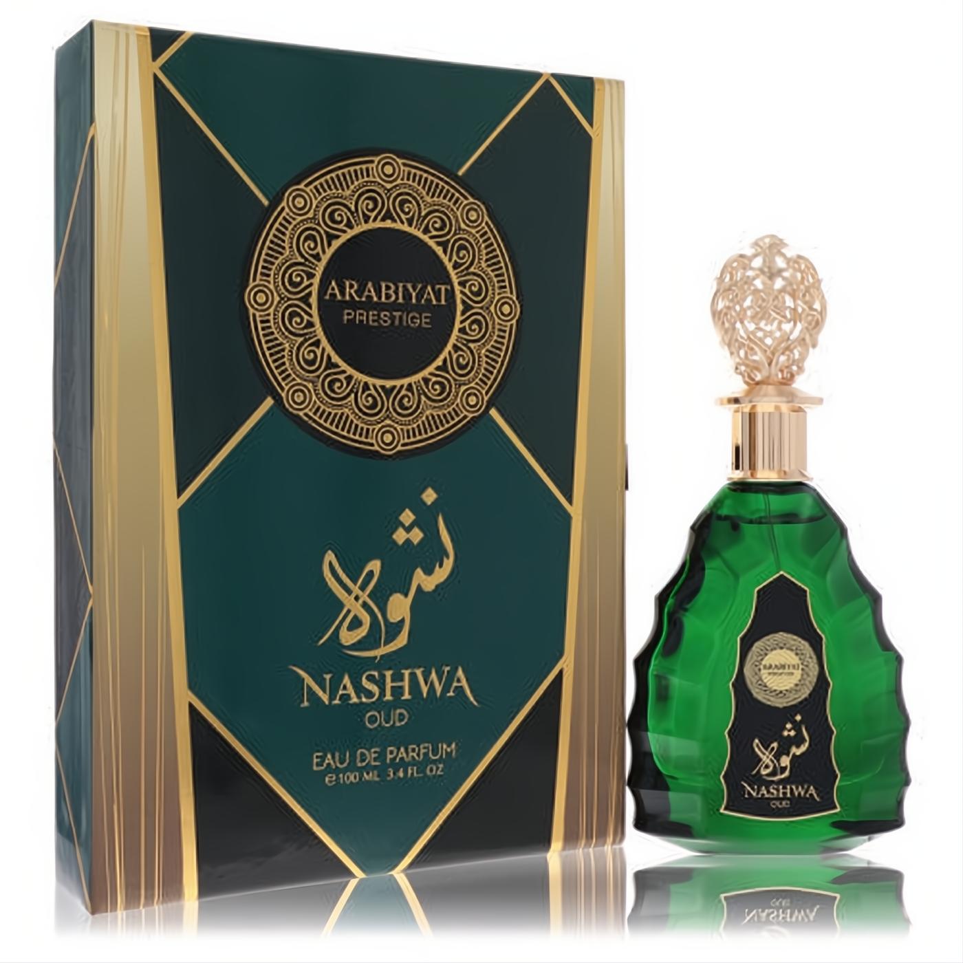 Experience Nashwa Oud 3.4 oz unisex EDP. Dark green bottle with an ornate gold cap, showcased with its luxurious green and gold box.