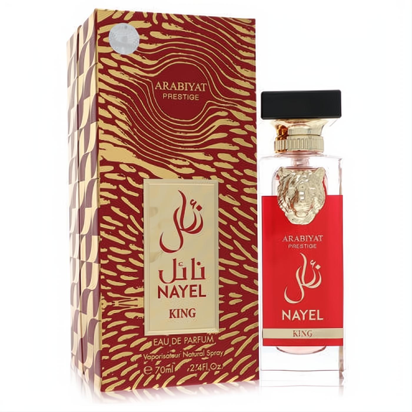 Nayel King 2.4 oz men's EDP: clear bottle, red label, gold lion emblem, and a luxurious red and gold box.