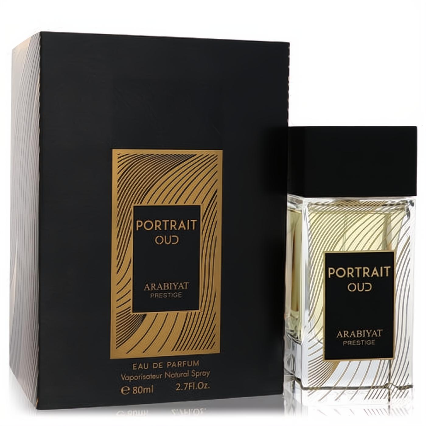 Elegant Arabiyat Prestige Portrait Oud unisex Eau De Parfum, 2.7 oz. Clear glass bottle and sophisticated black, gold-patterned box.