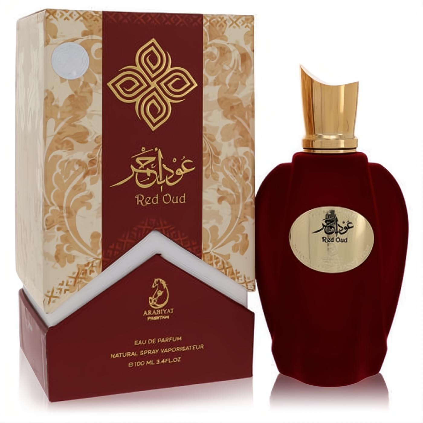 Luxurious Arabiyat Prestige Red Oud 3.4 oz unisex EDP. Features a rich red velvet bottle, gold cap, and ornate cream & gold box.