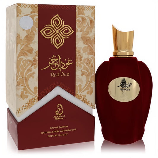 Luxurious Arabiyat Prestige Red Oud 3.4 oz unisex EDP. Features a rich red velvet bottle, gold cap, and ornate cream & gold box.