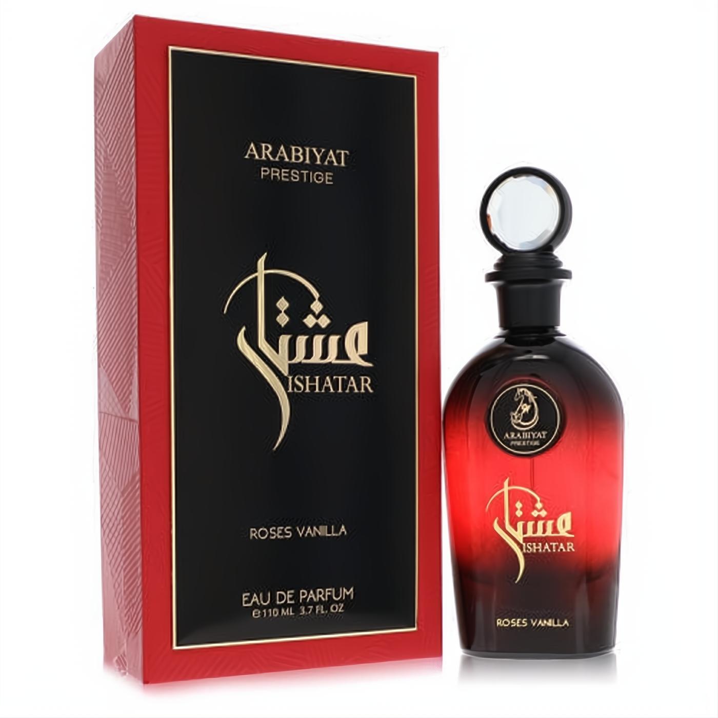 Arabiyat Prestige Roses Vanilla 3.7 oz unisex EDP. Striking red and black bottle with crystal cap, next to its elegant matching box.