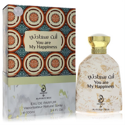 Exquisite Arabiyat You Are My Happiness unisex EDP, 3.4 oz. White bottle with intricate gold patterns, shiny gold cap, and ornate teal box.