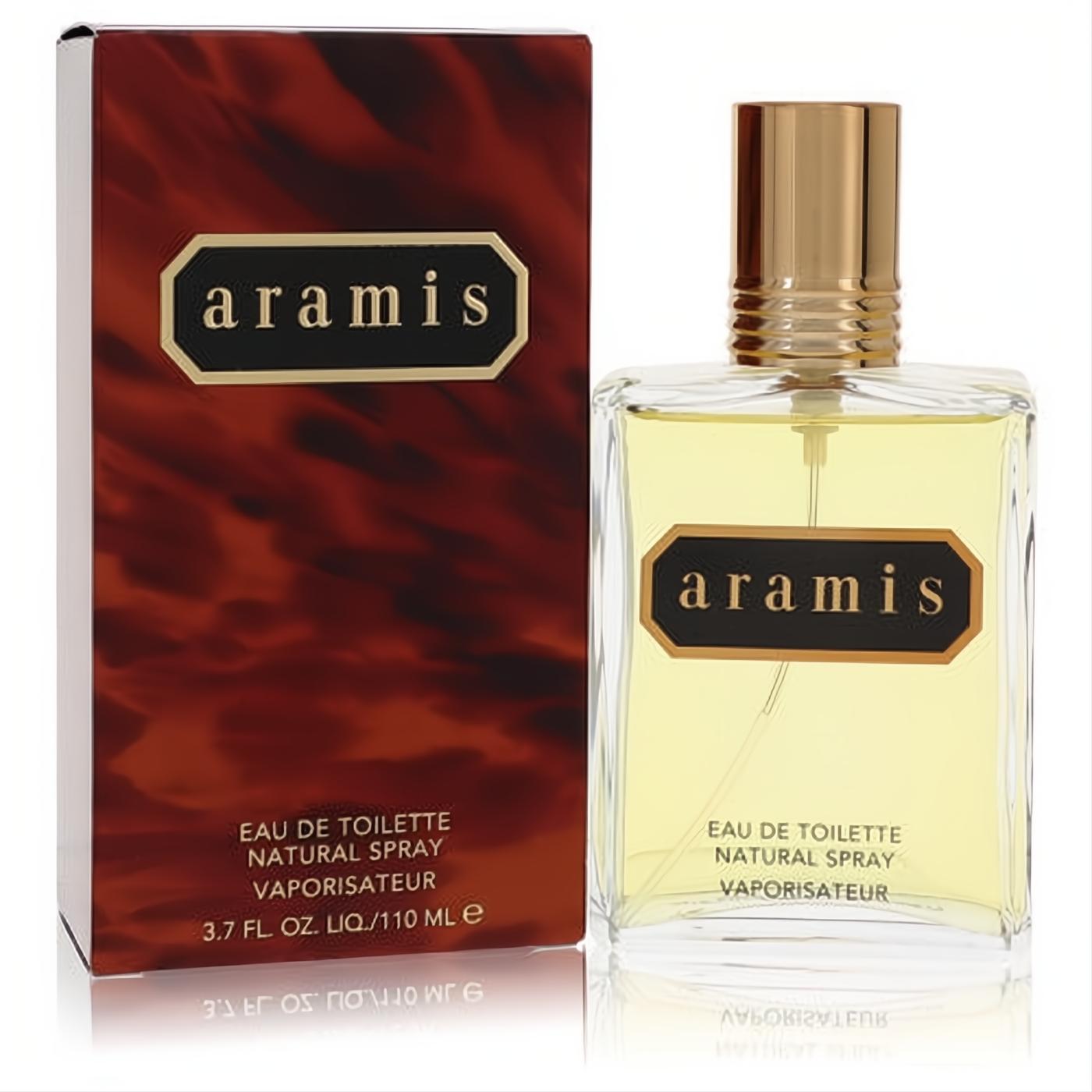Aramis 3.7 oz men's cologne spray: clear bottle, gold cap, and elegant amber swirl box.