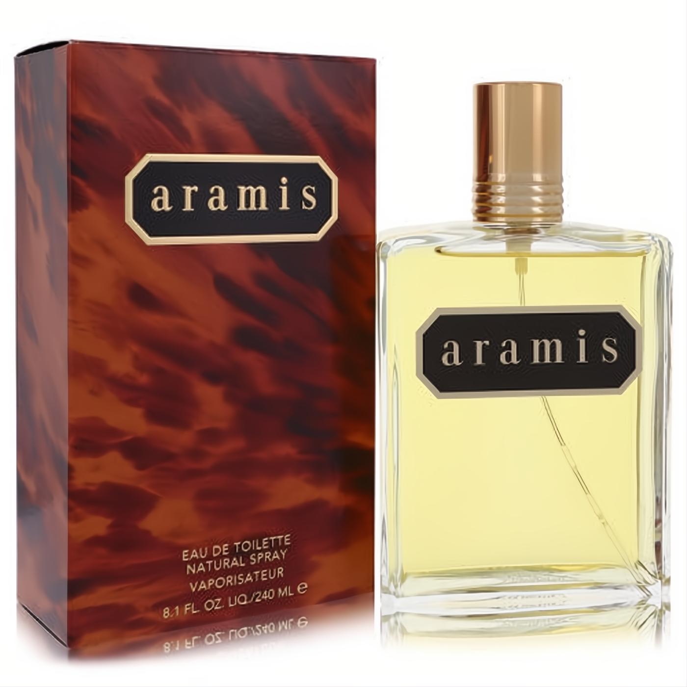 Aramis men's 8.1 oz Eau De Toilette spray. Golden liquid in a clear bottle with gold cap, beside an elegant tortoise shell box.