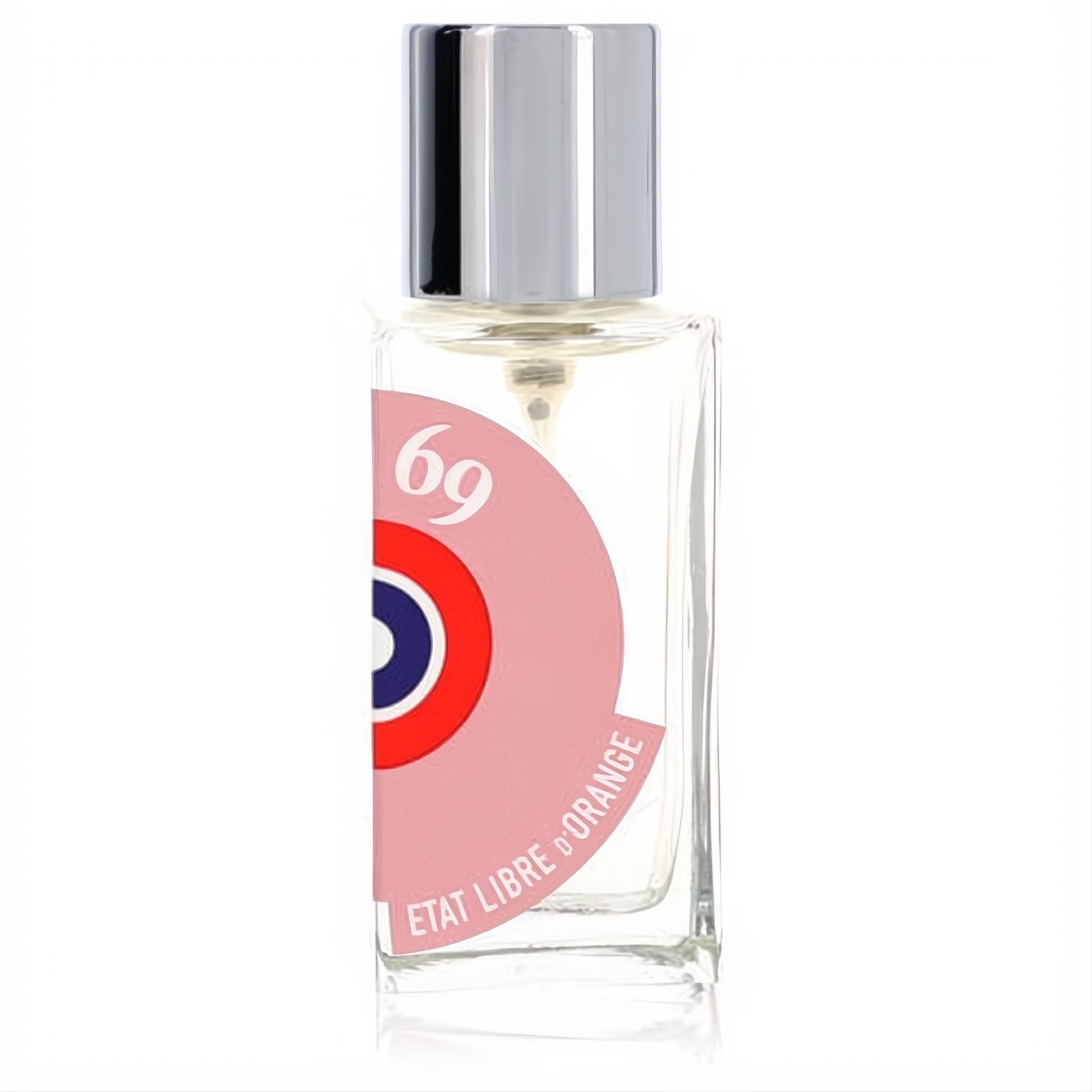 Archives 69 Eau De Parfum spray: clear glass bottle, sleek silver cap, bold pink label with '69' and Etat Libre D'Orange.