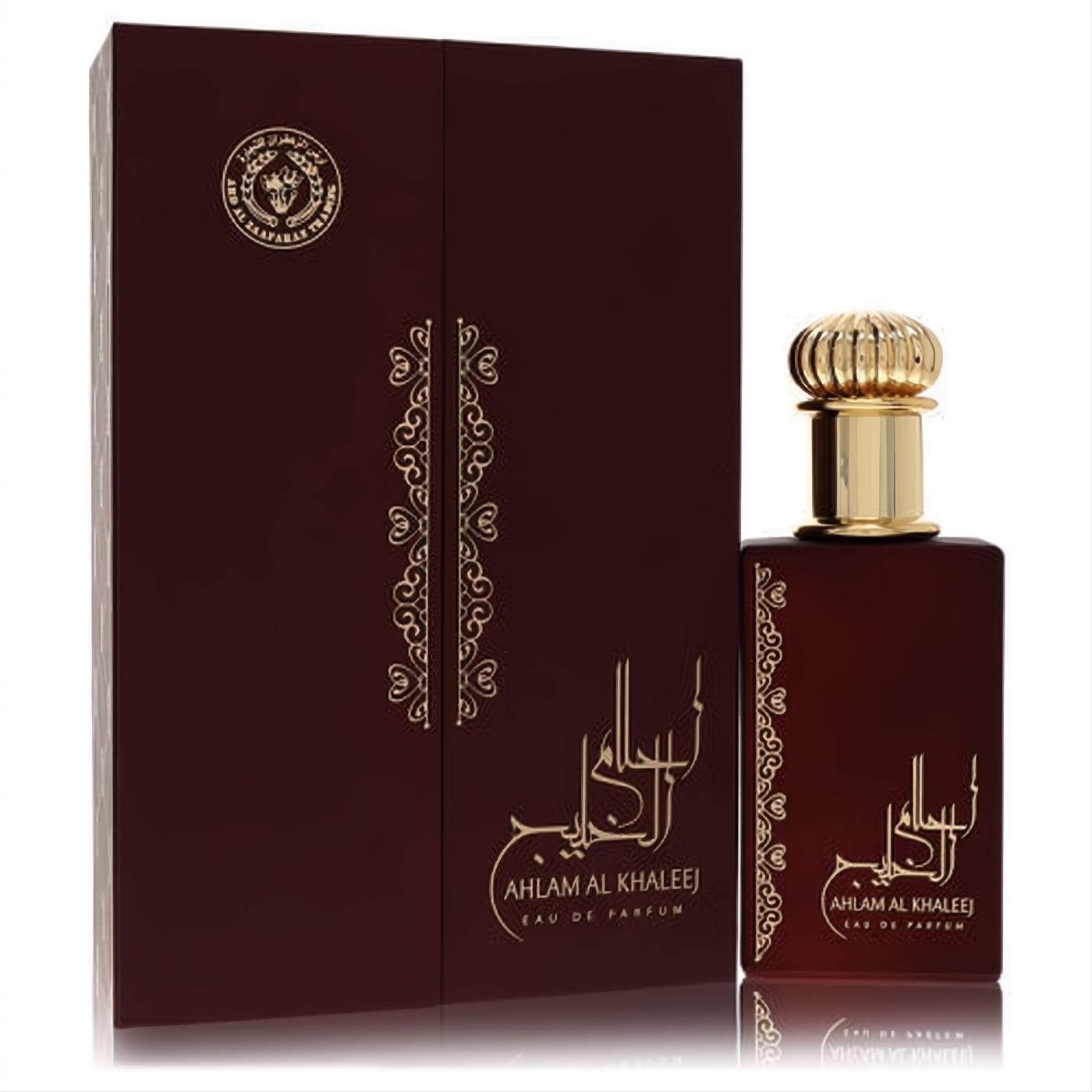 Ard Al Zaafaran Ahlam Al Khaleej 2.7 oz unisex EDP. Maroon bottle with ornate gold cap, elegant Arabic script, and matching gift box.