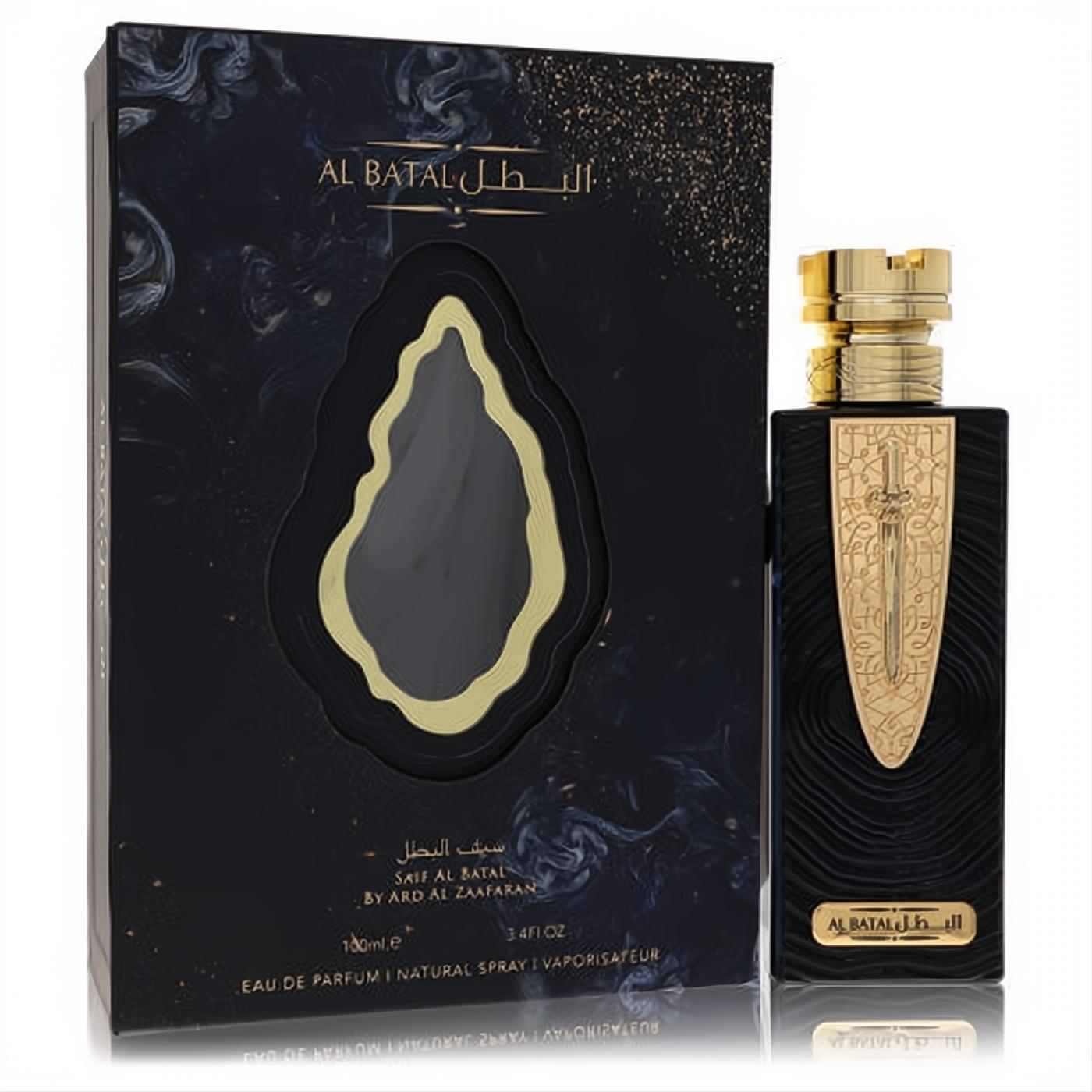 Ard Al Zaafaran Al Batal 3.4 oz unisex EDP. Striking black bottle with a gold sword design, ornate gold cap, and elegant matching box.