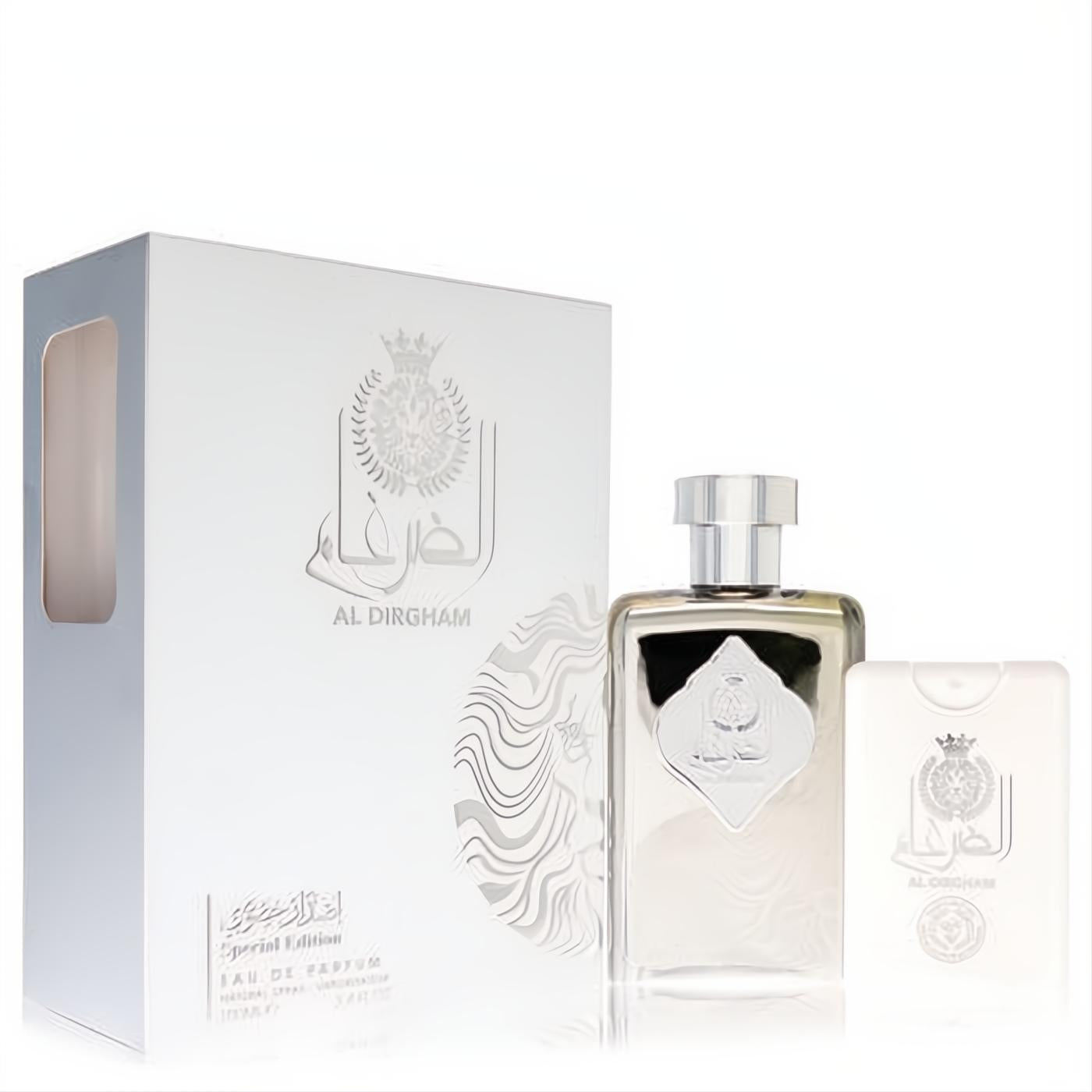 Ard Al Zaafaran Al Dirgham Special Edition unisex EDP spray, clear glass bottle with silver cap, matching mini spray, and elegant silver box.