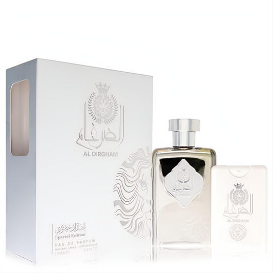 Ard Al Zaafaran Al Dirgham Special Edition unisex EDP spray, clear glass bottle with silver cap, matching mini spray, and elegant silver box.
